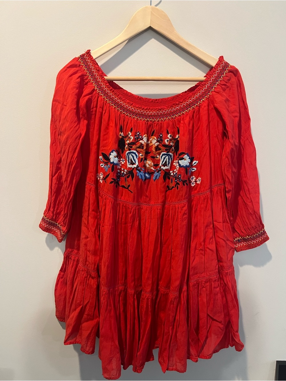 Free People-Red Embroidered Peasant Tunic Dress SZ-S/P
